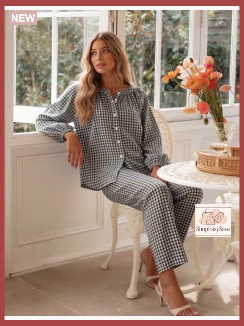 Gingham Pajama Set 2 Piece Cotton Plaid Raglan Sleeve Button Top Straight Leg - Picture 5 of 7